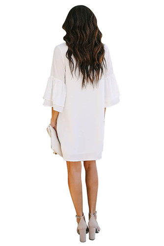 White V Neck Buttoned Bell Sleeve Shift Shirt Dress