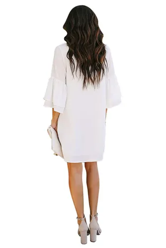 White V Neck Buttoned Bell Sleeve Shift Shirt Dress