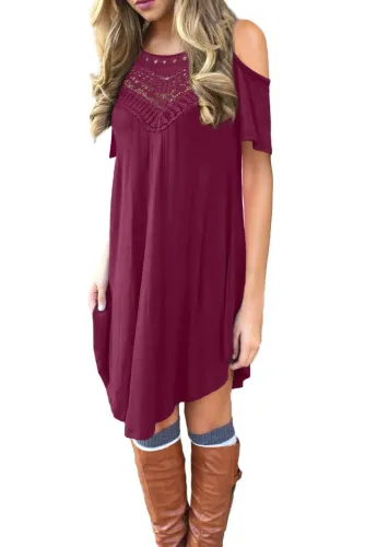 Red Lace Hollow-out Cold Shoulder Casual Dress