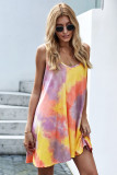 Yellow U Neck Gradient Color Printed Sling Sleeveless Swing Mini Dress
