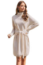 Apricot Long Sleeve Tie Waist Turtleneck Pullover Sweater Dress