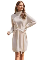 Apricot Long Sleeve Tie Waist Turtleneck Pullover Sweater Dress