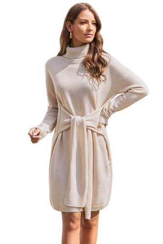 Apricot Long Sleeve Tie Waist Turtleneck Pullover Sweater Dress