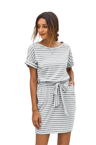 Stripes Pocketed T-shirt Dress with Belt