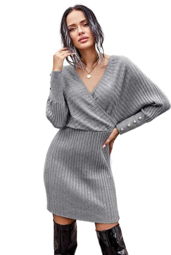 Gray Wrap V Neck Batwing Sleeves Ribbed Sweater Dress
