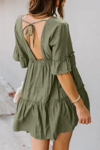 Army Green Pocketed Ruffle Tiered Dress