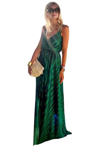 Green V Neck Tunic Satin Maxi Dress