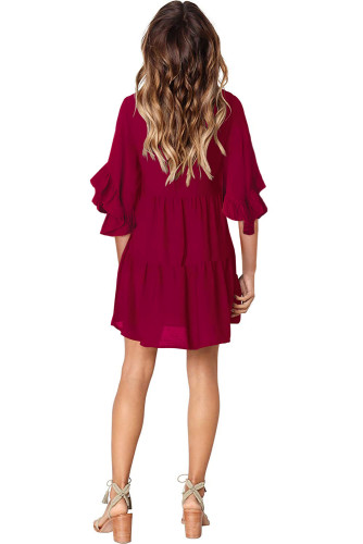 Red V Neck Ruffled Swing Tunic Shift Dress