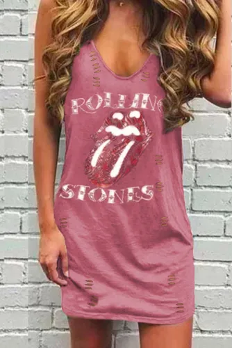 Pink Casual ROLLING STONES V Neck Cotton Dress