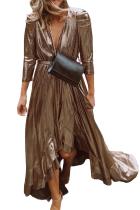 Metallic Shine Ruffled V Neck Maxi Party Dress