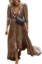 Metallic Shine Ruffled V Neck Maxi Party Dress