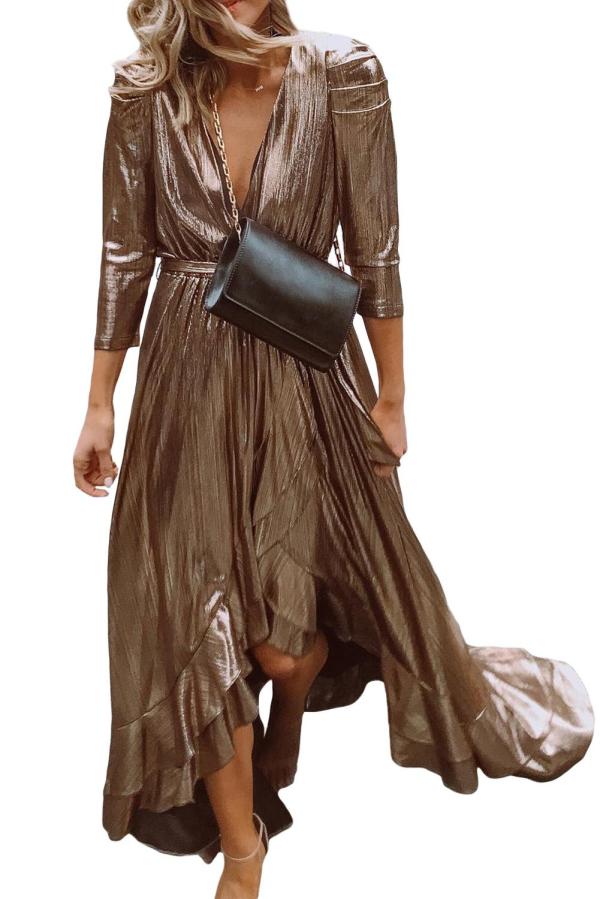Metallic Shine Ruffled V Neck Maxi Party Dress