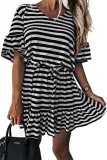 Black Stripes Ruffle Short Dress