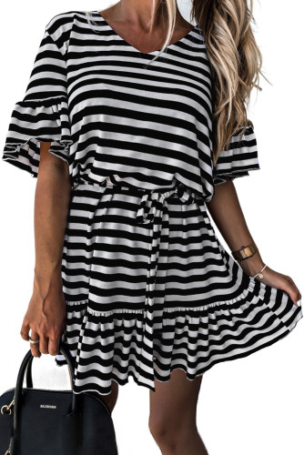 Black Stripes Ruffle Short Dress