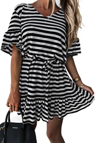 Black Stripes Ruffle Short Dress