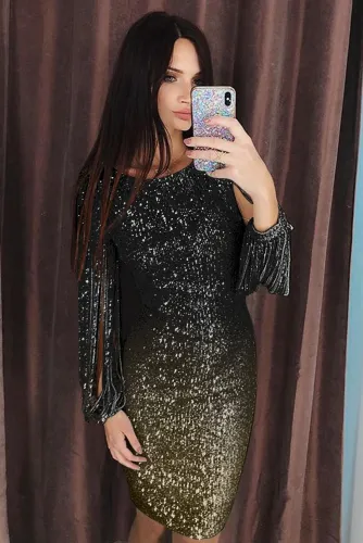 Black Ombre Sequin Tassel Sleeve Bodycon Evening Dress