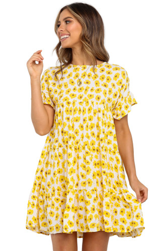 Yellow Tiered Gathered Floral Print Short Dress