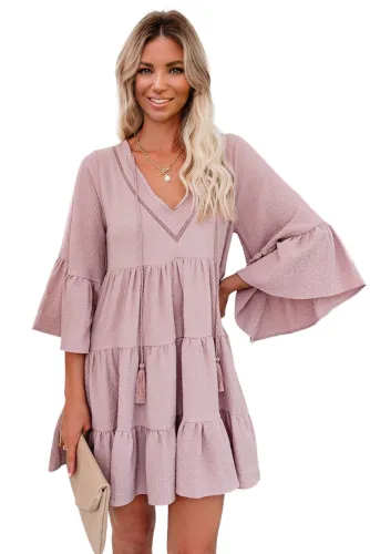 Pink Cotton Tiered Babydoll Tunic Dress