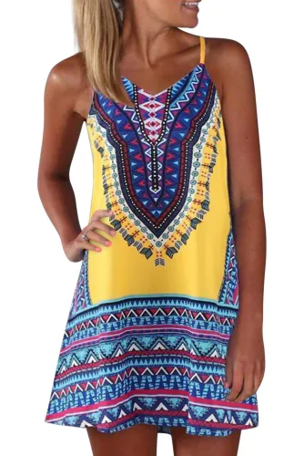 Yellow Boho Aztec Print Sleeveless Sundress