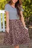Striped Brown Leopard Print Swing Dress