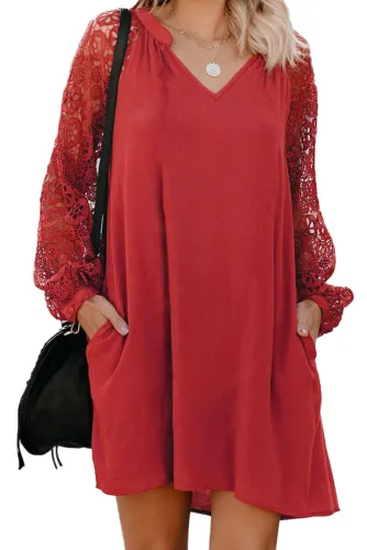 Red Lace Long Sleeves Shift Above Knee Dress