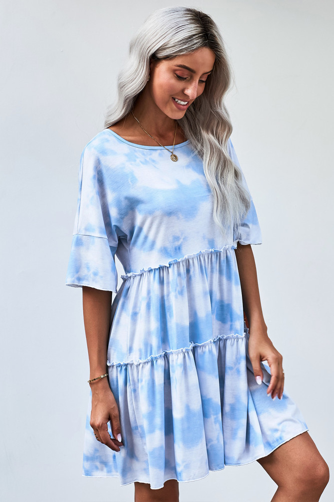 White Crew Neck Tie Dye Half Sleeve Dress