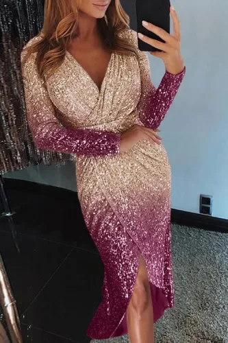 Apricot Ombre Sequin Wrapped Ruched Irregular Dress