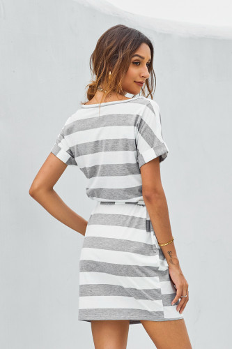 Gray Stripes Pocketed T-shirt Dress with Belt