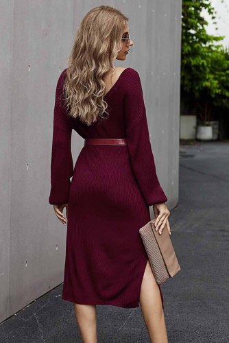 Red Ribbed Midi Sweater Dress