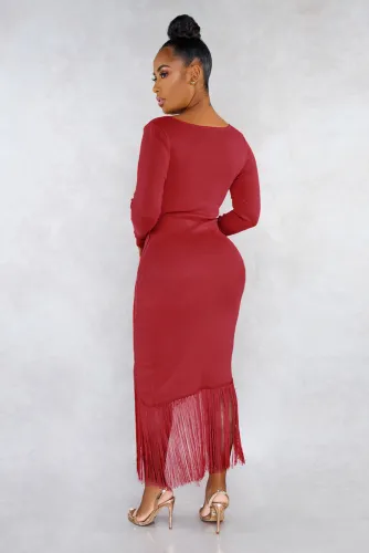 Red Glove Sleeves Fringed High-low Midi Dress