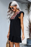 Black Boho Print Pompom Sleeve Shift Dress