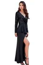 Black Long Sleeve V Neck Wrapped Sequin Bodice Long Party Dress