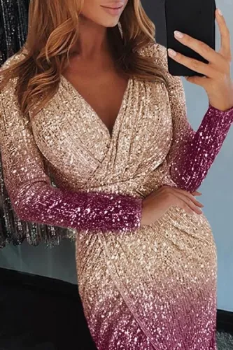 Apricot Ombre Sequin Wrapped Ruched Irregular Dress