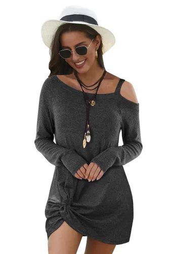 Black Cold Shoulder Twist Knit Mini Dress