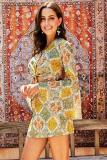 Yellow Retro Bell Sleeve Front Knot 2 Pcs Dress