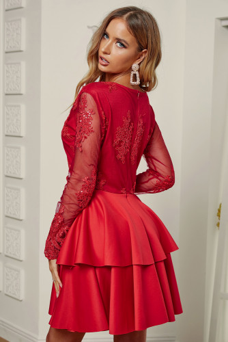 Red Sequin Embroidered Multilayer Skater Dress