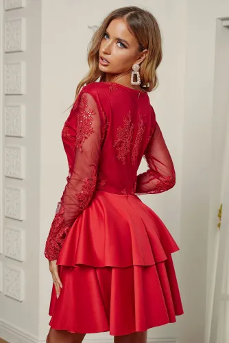 Red Sequin Embroidered Multilayer Skater Dress
