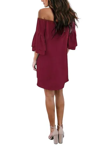 Red Off Shoulder Ruffled Sleeve Shift Dress