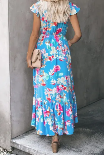 Sky Blue Floral High Low Pocketed Tie Maxi Dress