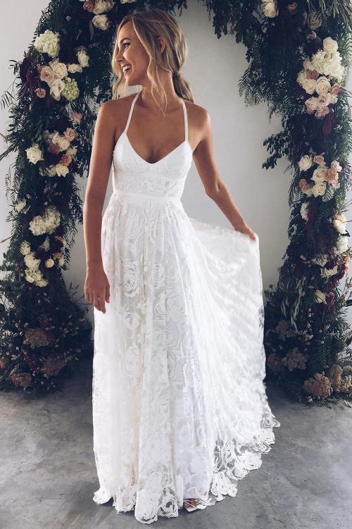A-line Spaghetti Straps Lace Wedding Dress