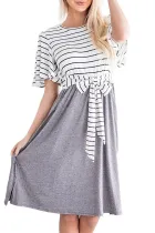 Gray Striped Shirt Tie Front Casual Midi Dress