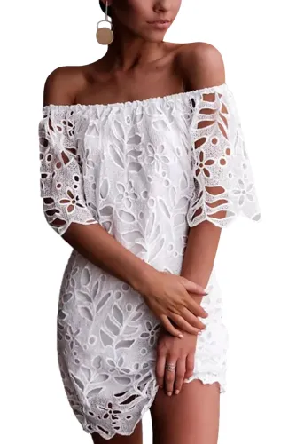 White Lace Detail Off The Shoulder Half Sleeve Dress