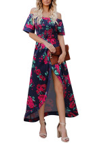 Off Shoulder Short Sleeve High Slit Floral Long Dress