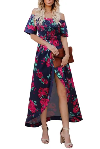 Off Shoulder Short Sleeve High Slit Floral Long Dress