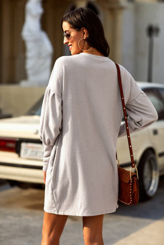 Khaki Autumn Winter Long Lantern Sleeve Knitted Sweatshirt Dress