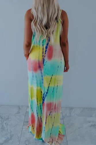 Yellow Tie-dye Print V Neck Spaghetti Straps Maxi Dress