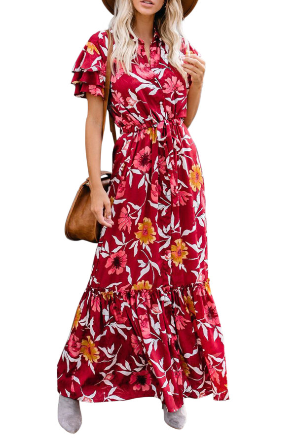 Burgundy Floral Button Maxi Dress