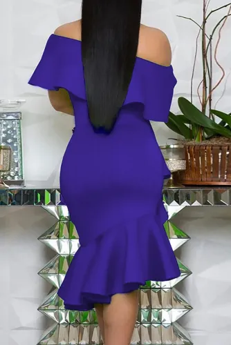 Blue Stylish Off The Shoulder Ruffle Design Knee Length Dress