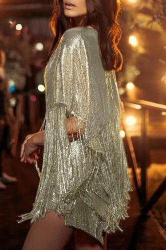 Fashion Sexy Fringe Deep V Neck Dress