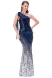 Blue Gradient One Shoulder Sequin Party Evening Dress